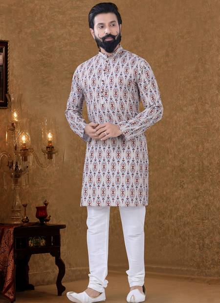 Off White And Red Colour New Printed Ethnic Wear Cotton Mens Kurta Pajama Collection KS 1548